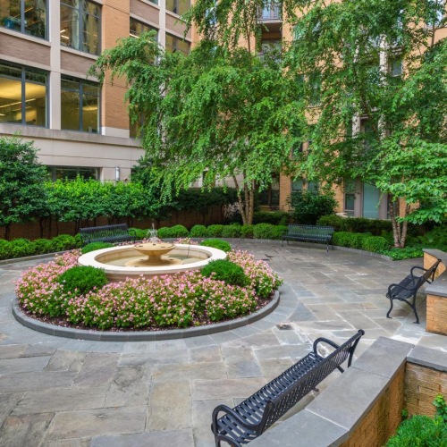 a courtyard with benches and trees